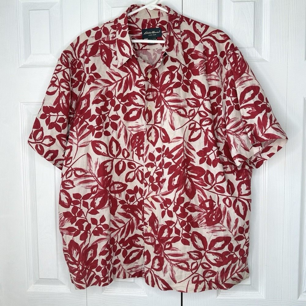 Eddie Bauer Men's 100% Linen Hawaiian Aloha Shirt Red Camp Floral Large NWOT